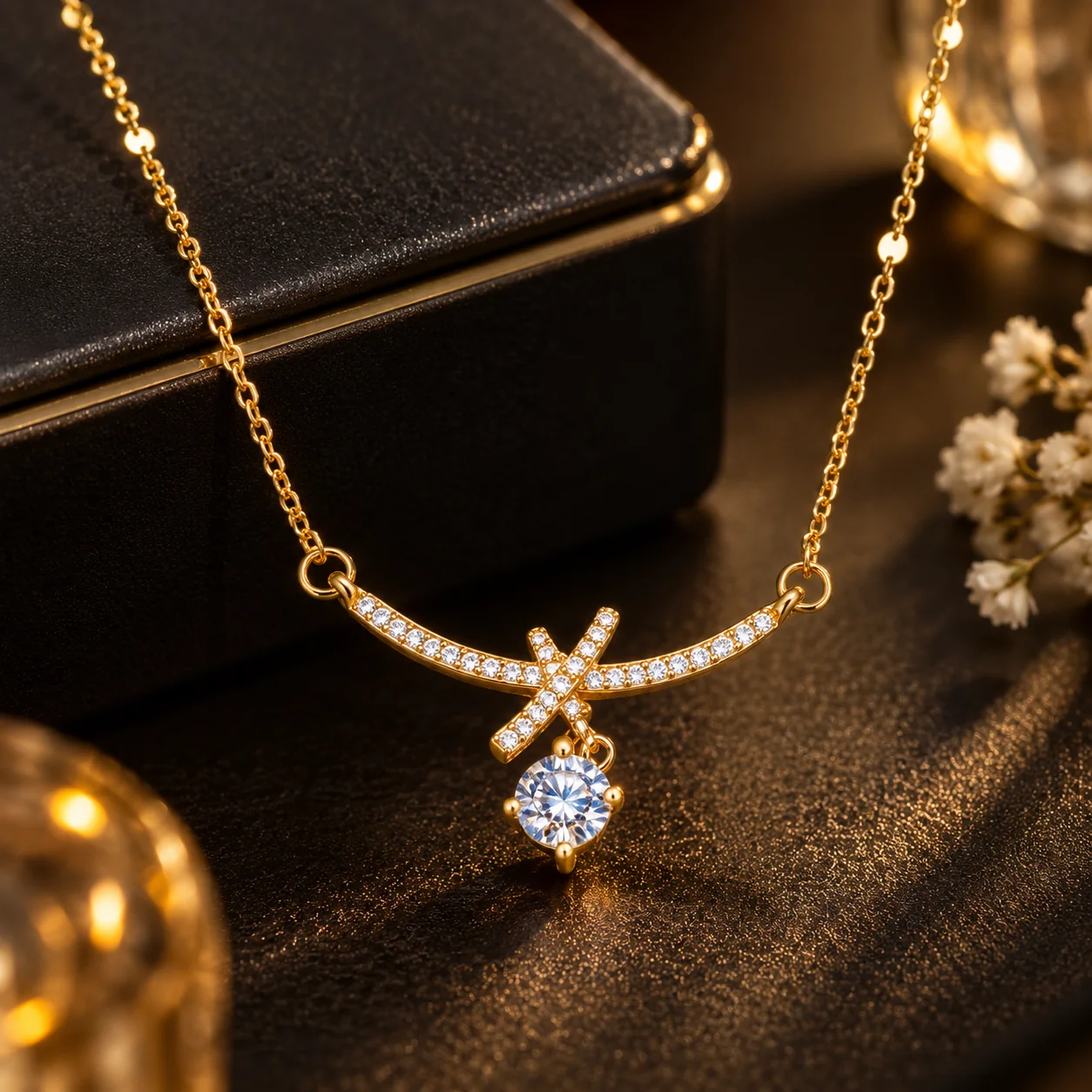 Gold-Plated Anti Tarnish Crystal Bow Pendant Necklace for Women