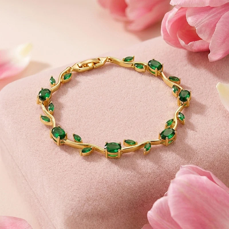 Gold-Plated Anti Tarnish Emerald Green Leaf & Crystal Bracelet for Women