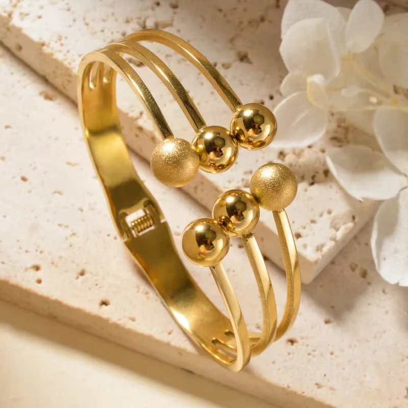 Gold-Plated Anti Tarnish Triple Band Ball Accent Cuff Bracelet for Women