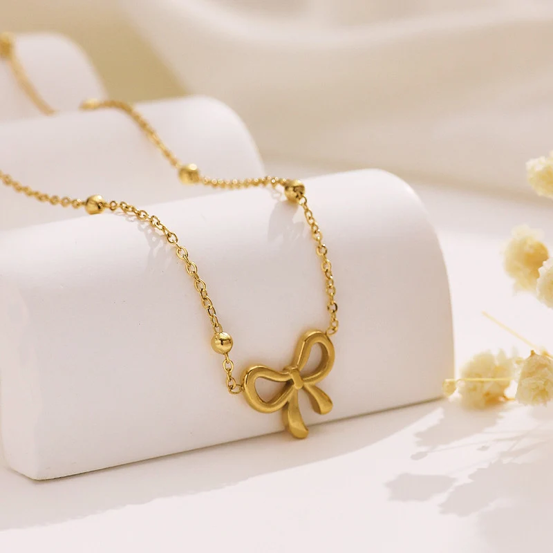 Gold Plated Fashion Women Jewelry Set Stainless Steel Bow Pendant Necklace for Anniversary