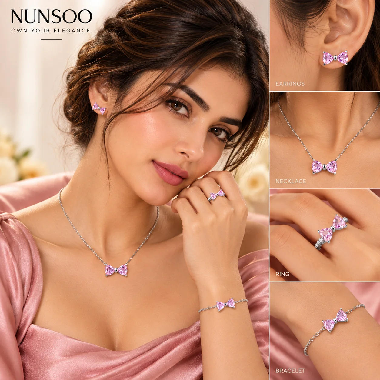Pink Bow Crystal Jewelry Set for Women – Necklace, Earrings, Ring & Bracelet Set (Set of 1)