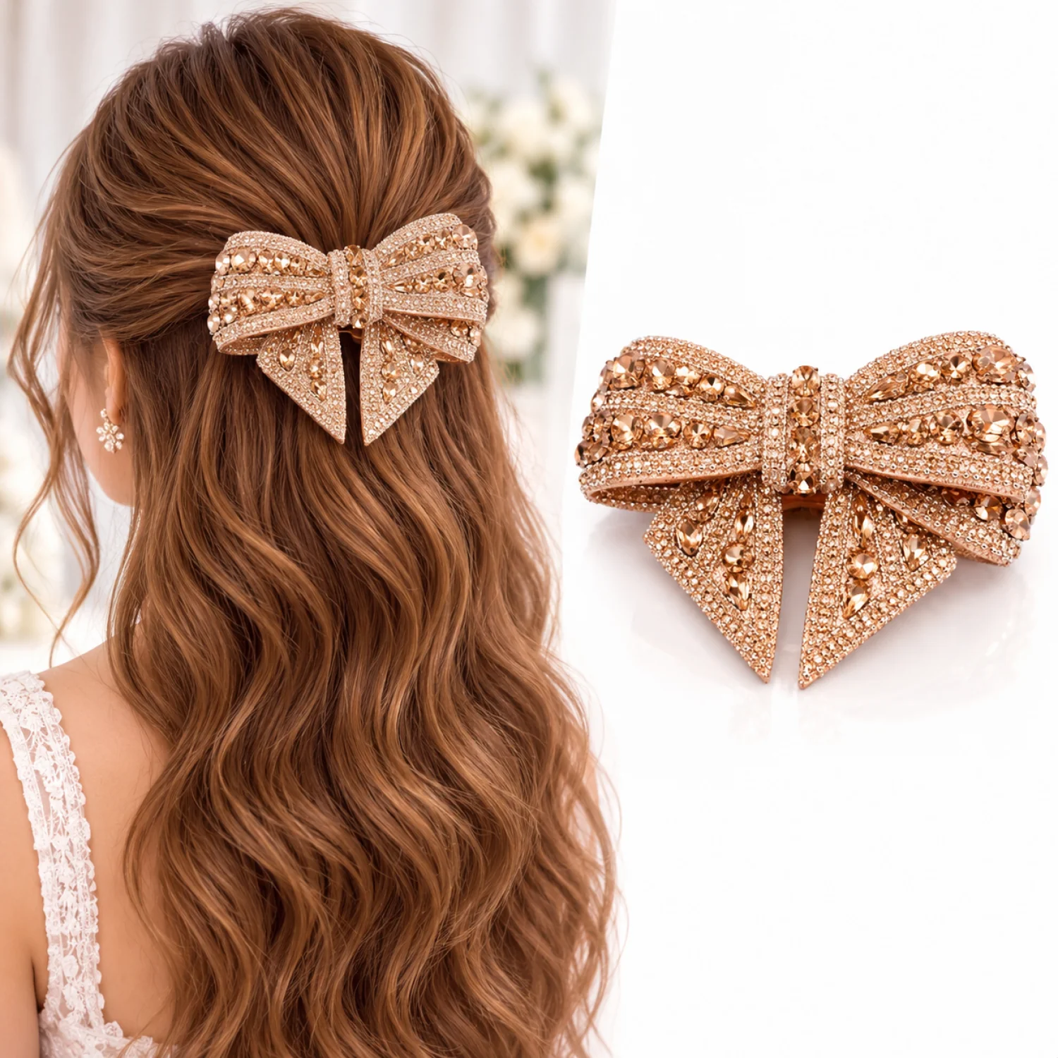 Rose Gold Crystal Bow Hair Clip for Women – Embellished Statement Hair Accessory